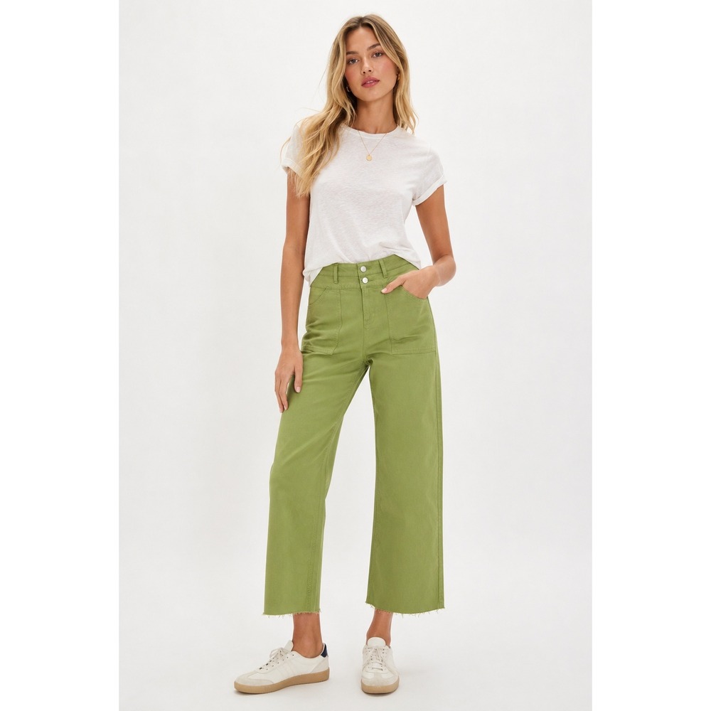 Just USA Slim Wide Leg Pants Peridot Green Raw Hem High Waist Womens 4P NWT